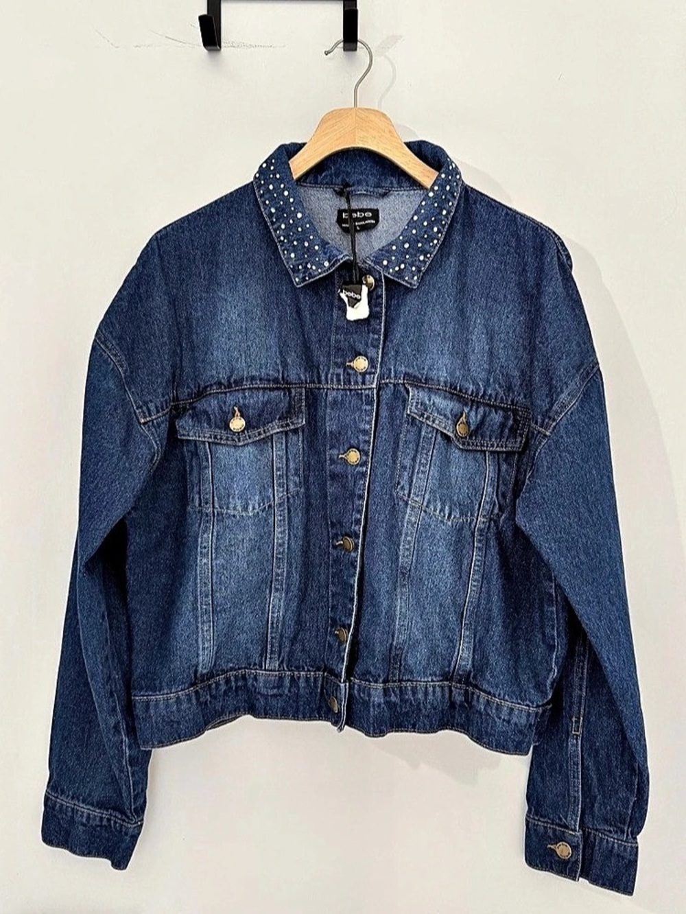 Bebe Rhinestone Collar Denim Jacket Women’s L Oversized Cropped Boxy Fit